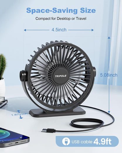 TriPole USB Powered Desk Fan - Portable Mini Fan with 3 Speeds & 360° Rotation | Quiet for Home & Office, Black