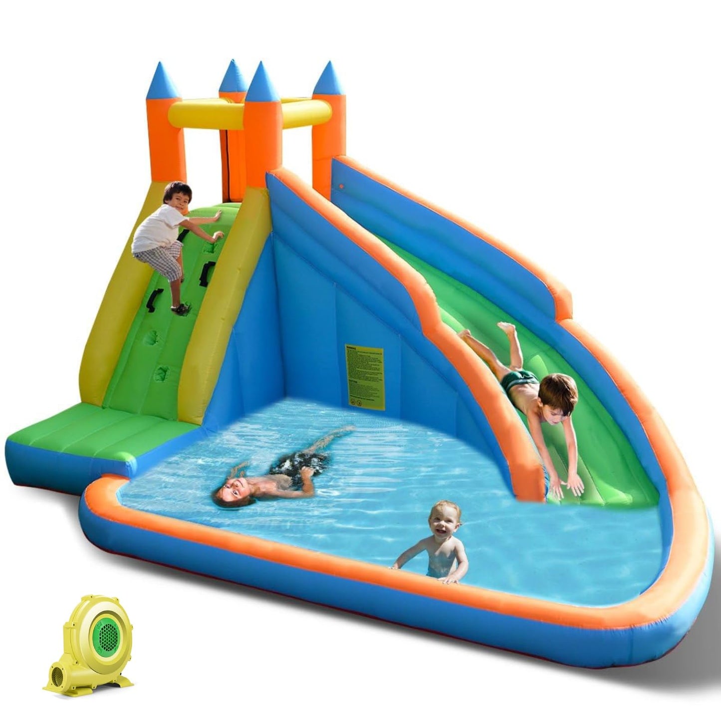 Costzon Inflatable Water Slide, Giant Bouncy Waterslide Park for Kids Backyard Outdoor Fun w/ 950w Blower, Climbing, Splash Pool, 2-pcs, Blow up Water Slides Inflatables for Kids Party Gift