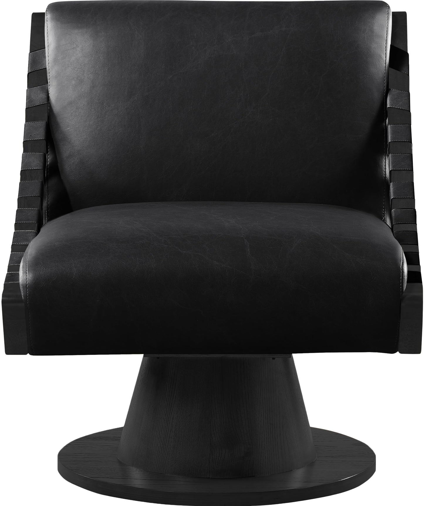 Meridian Furniture 33002Black Millwin Collection Art Deco Swivel Accent Chair with Rich Black Vegan Leather, Black Finish, Solid Wood Frame and Base, 28" W x 30" D x 32.5" H, Black