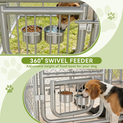 COMHOMA 7.5×7.5FT Outdoor Dog Kennel with Adjustable Bowls Feeder Heavy Duty Extra-Large Dog Enclosure with Roof & Lock All Weather Resistant for Medium Large Dogs