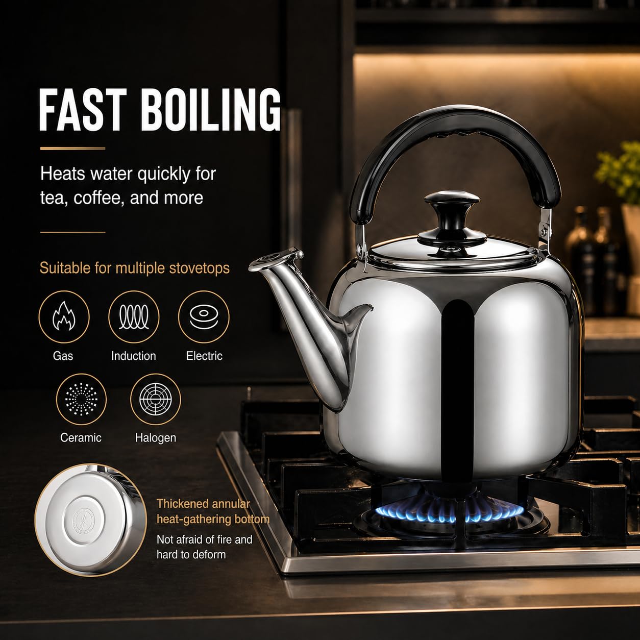 Whistling Stovetop Tea Kettle,Food Grade 316 Stainless Steel,Hot Water Fast to Boil,Stovetop Kettle with Ergonomic Handle,3.1 Quart Capacity
