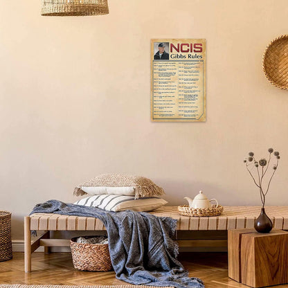 Retro Poster Tin Sign, NCIS-Gibbs-Rule Printed Canvas Decoration, Funny Family Cafe Kitchen Bathroom Wall Decor 8x12