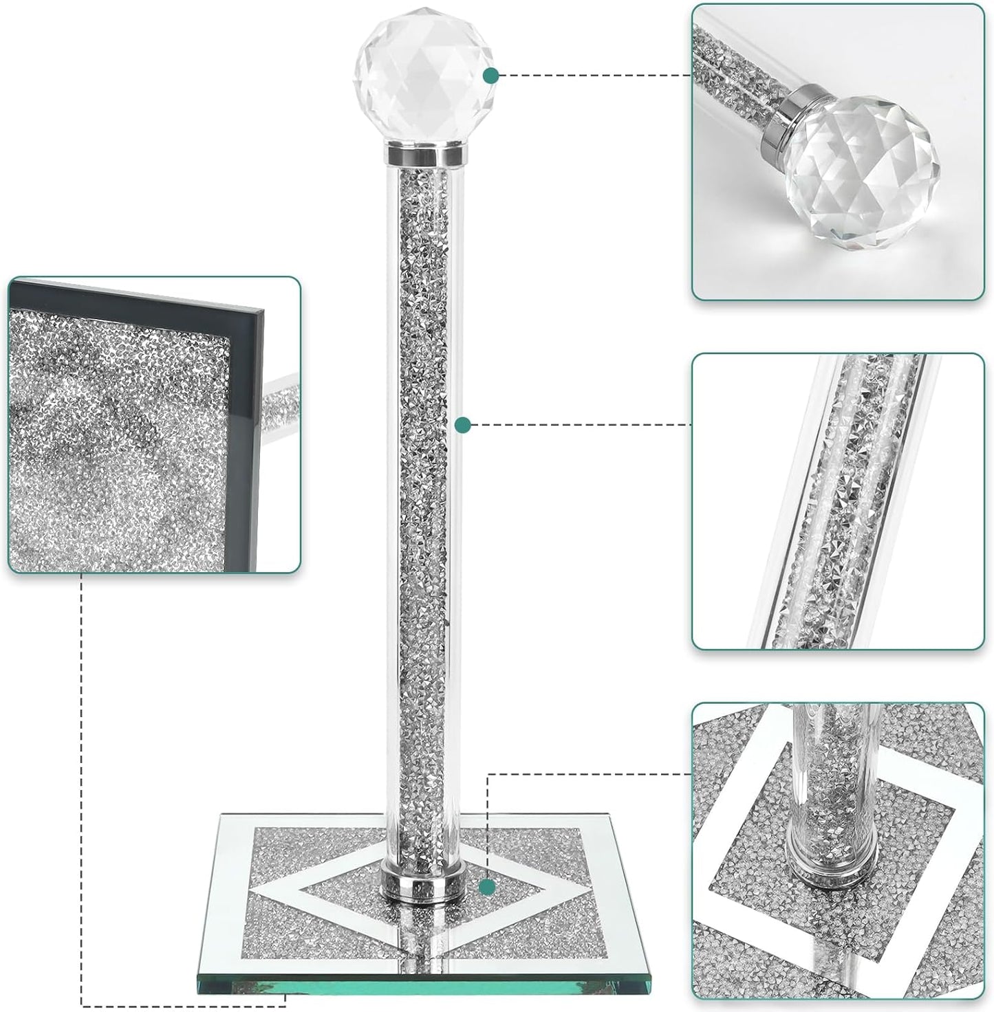 Ulable Counter Bling Silver Paper Towel Holder Stand with Square Base, Toilet Roll Filled with Crystal Paper Towel