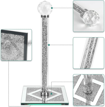 Ulable Counter Bling Silver Paper Towel Holder Stand with Square Base, Toilet Roll Filled with Crystal Paper Towel