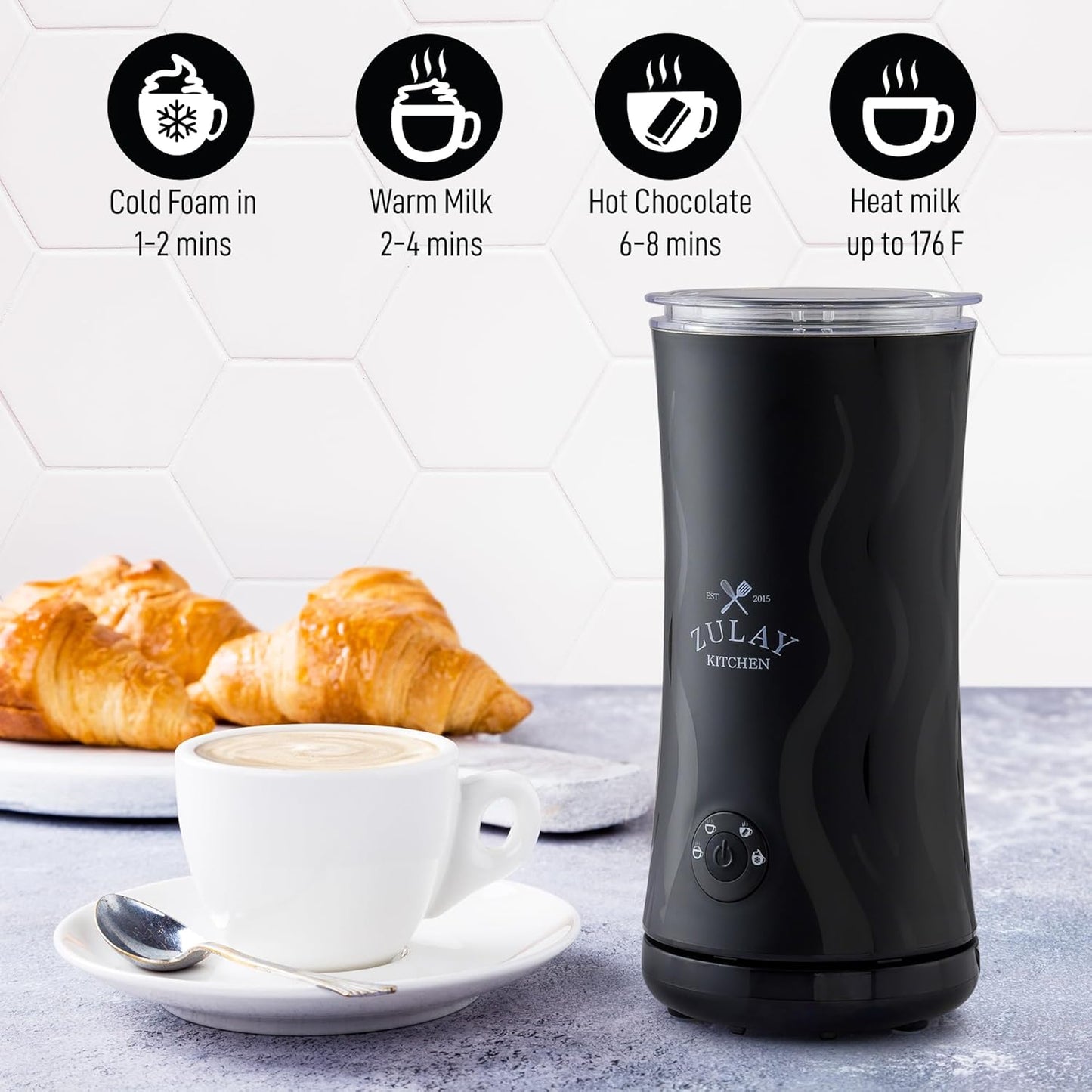 Zulay 4-in-1 Milk Frother and Steamer - Automatic Hot and Cold Foam Maker with Auto Shut Off & Temperature Control for