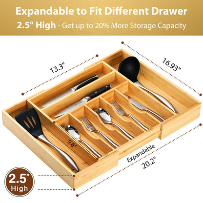 Umilife Large Expandable Kitchen Silverware Utensils Drawer Organizer, 2.5" Extra High Adjustable Drawer Divider with Curved Grooves, Bamboo Wood Cutlery Tray Flatware Holder