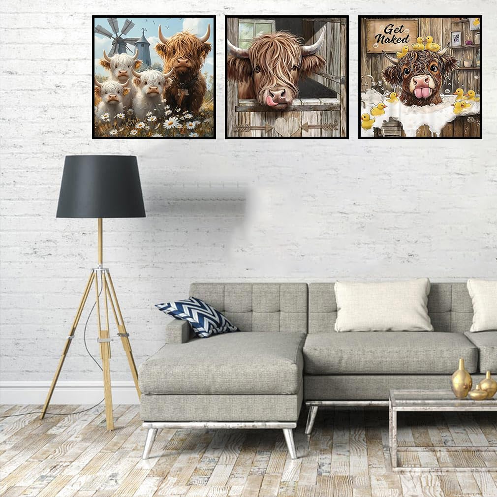 Zythron 3PCS Diamond Art Kits for Adults,Highland Cow Diamond Art Cow Rustic Farmhouse Diamond Painting DIY 5D Full Drill Gem Art Painting Kit for Home Wall Decor Gifts 12x12 in
