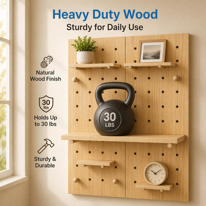 Lumiterra Large Wood Pegboard Wall Organizer - Heavy Duty 2-Panel Wooden Peg Board Kit with Shelves & Accessories, Modular Wall Storage Display for Craft Room, Office, Bedroom