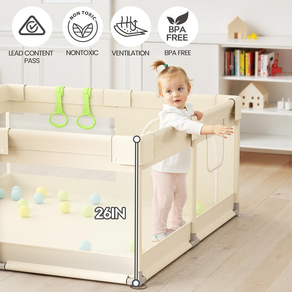 Uanlauo Baby Playpen - Safe 47x47in Indoor Playpen for Babies & Toddlers with Storage Bag & Breathable Mesh