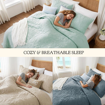 WDCOZY Coastal Beach Queen Size Quilt Bedding Sets, Seafoam Green Nautical Tropical Ocean Bedspread, Scallop Seashell Soft Coverlet, Lightweight Summer Thin Comforter for All Season