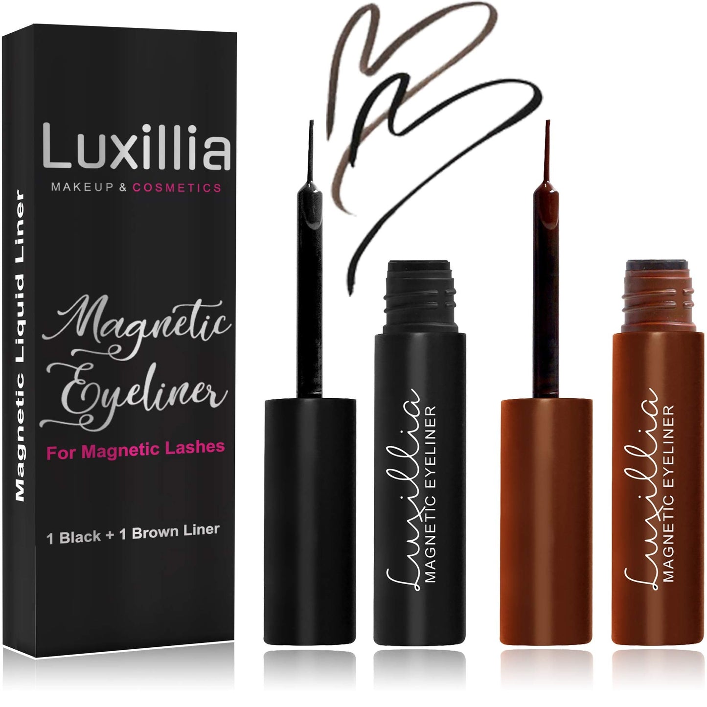 Luxillia Magnetic Eyeliner for Magnetic Eyelashes, Upgraded Strongest Hold, Most Natural Look, Waterproof, Smudge Proof Liquid Liner (Brown + Black)