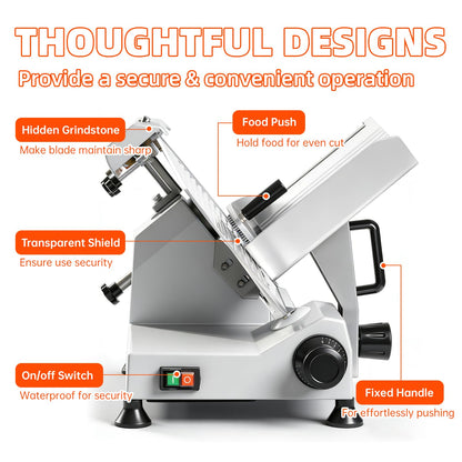 CHEF KEY Commercial Meat Slicer, 10 inch 240W Frozen Meat & Deli Slicer, Premium Carbon Steel Blade & Built-in Sharpener, 0-0.47 inch Adjustable, Semi-Auto for Commercial and Home Use