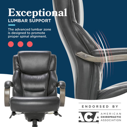 La-Z-Boy Delano Big and Tall Executive Office Chair - Ergonomic Lumbar Support Memory Foam - Bonded Leather Desk Chair for Home Office - Weathered Grey Wood Arms - Black