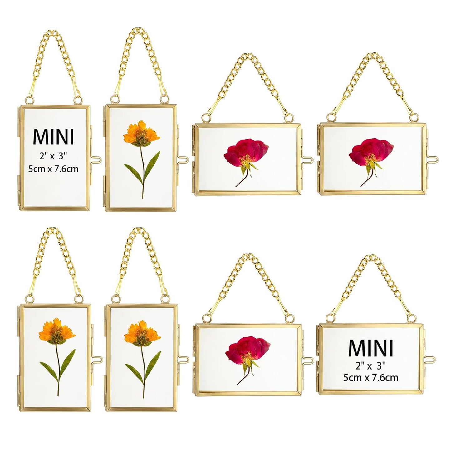 JUXYES 8 Pack Mini Brass Floating Frames Ornaments With Hanging Chain - Double Glass Tiny Picture Display Frame - Gold Wallet Size Floater Style Gallery Wall Frame for Pressed Flowers, 2x3 Inches