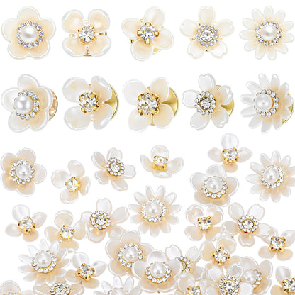 Trnayi 50 Pcs Flower Shape Pearl Rhinestone Brooch Embellishments Brooches and Pins for Women Lapel Pins No Sew Button Charms Accessories for Clothes Bags Wedding DIY Crafts, 5 Styles (Flower Style)