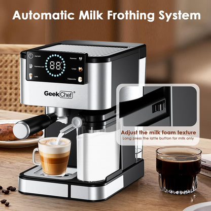 Geek Chef Espresso Machine, 20 Bar Espresso and Cappuccino Coffee Maker, Quick Heating Automatic, Latte & Cappuccino Creator, for Home, for Gift to Family, Friends, Coffee Shops