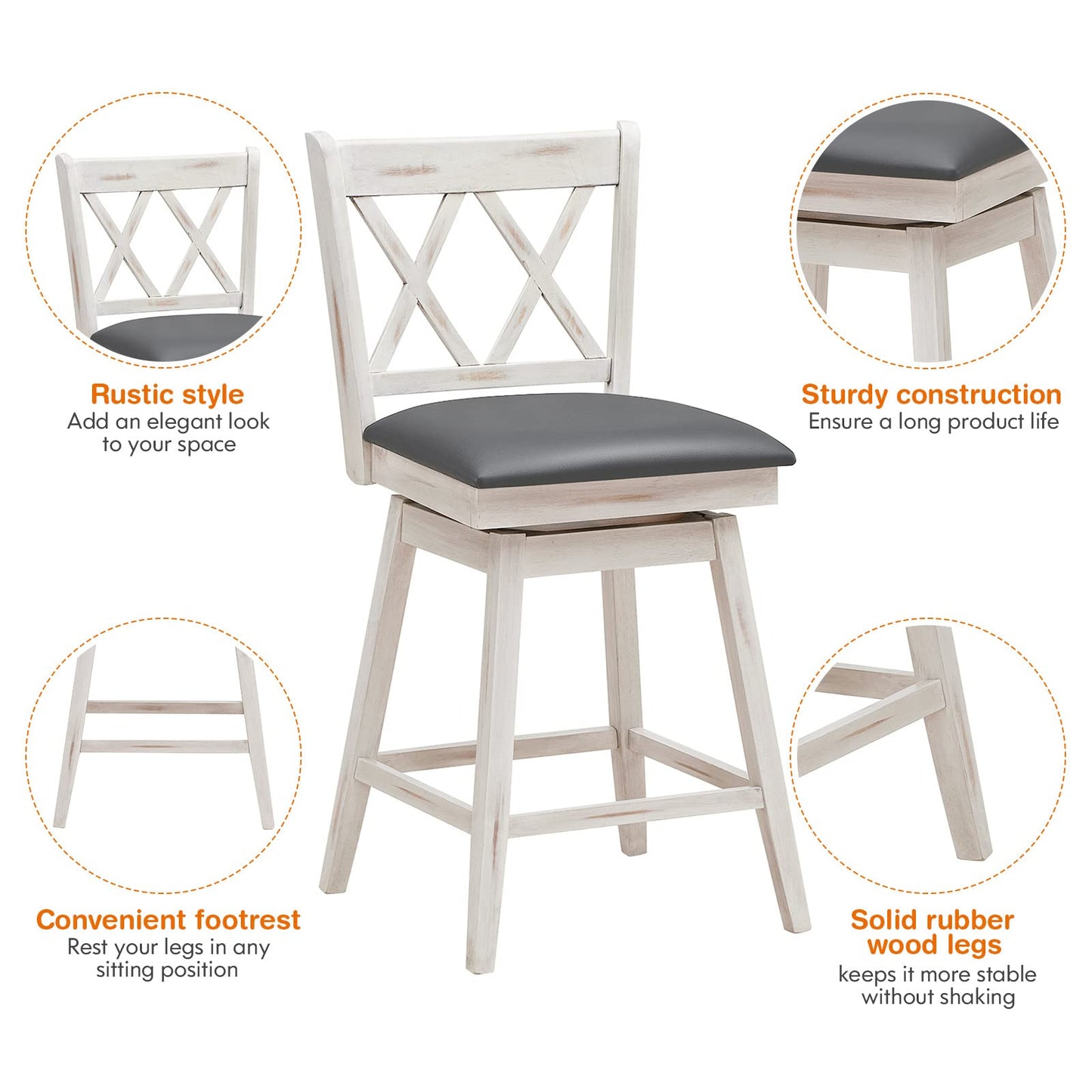 COSTWAY Bar Stool Set of 4, 360 ° Swivel Counter Height 25inch Bar Stool with Foot Rest Upholstered Cushion & Ergonomic Backrest, Sturdy Frame, for Pub, Kitchen Islands (4, Antique White + Grey)