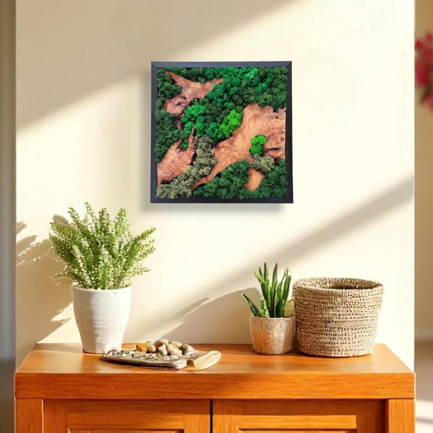 Serenzy 12" Square Cedar & Preserved Moss Wall Art | Unique No-Maintenance Decor for Home, Office, Restaurant, Natural Scattered Wood