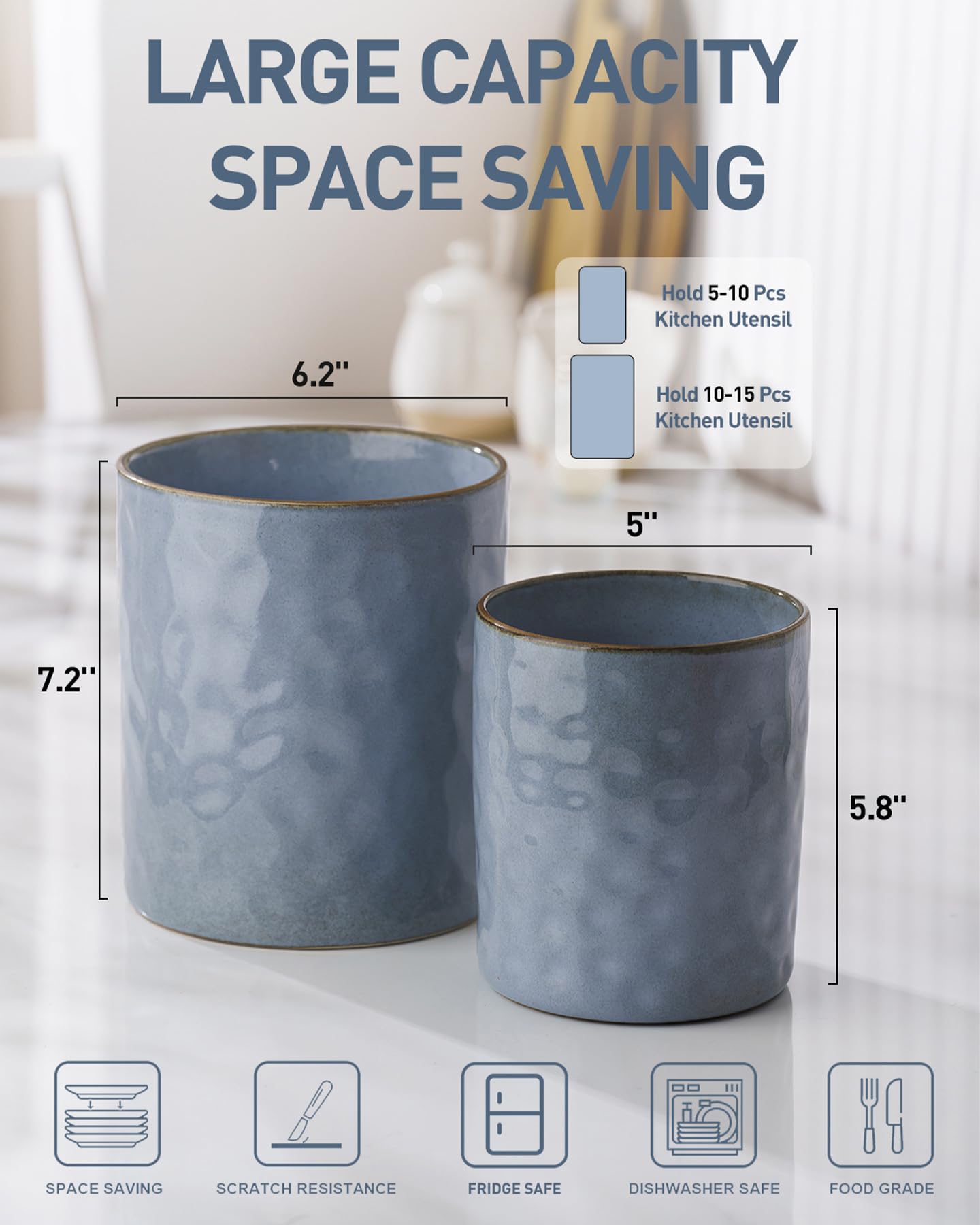 famiware Ocean Utensil Holder, 7.2"+5.8" Ceramic Kitchen Utensil Holder for Countertop, 2 Pieces Cooking Utensil Crocks, Utensil Organizer for Spatula & Spoon, Kitchen Decor, Set of 2, Blue