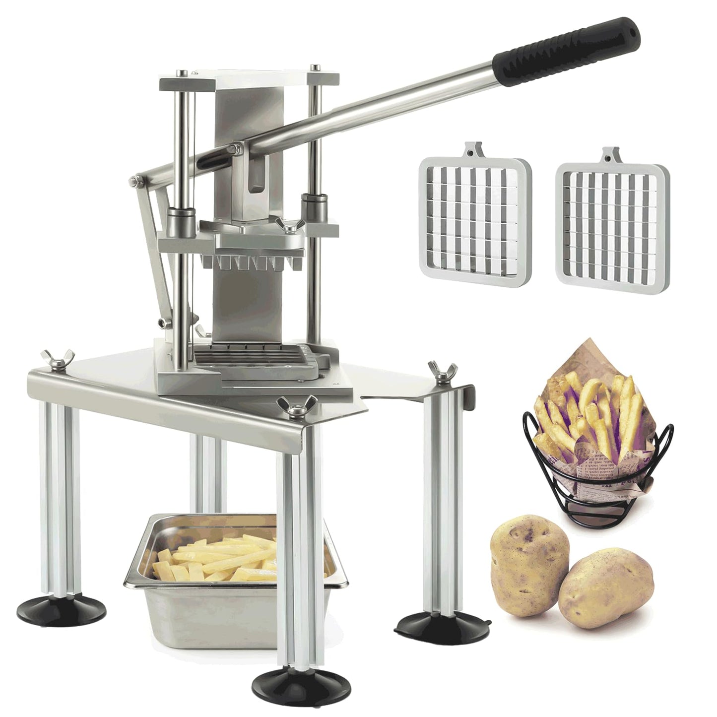 Commercial Heavy Duty French Fry Cutter, Stainless Steel Potato Slicer with 1/2" & 3/8" 2 Blades, Strong Suction Manual Vegetable Cutter for Restaurant, Food Truck, Home Commercial Kitchen