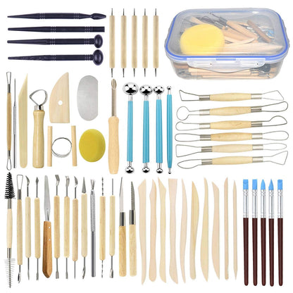 Augernis 57PCS Ceramic Clay Tools Set with Plastic Case Modeling Pottery Sculpting Tools Kits for Beginners Professionals Crafts Polymer Clay Club, Dotting, Ribbon Trimming