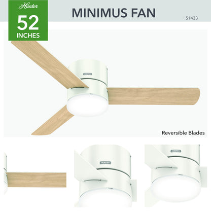 Hunter 52 inch Indoor Ceiling Fan with Light and Remote Control - For Bedroom or Living Room, Low Profile Flush Mount, White Modern Ceiling Fan with LED Light, 3 Blades - Minimus 51433, Fresh White