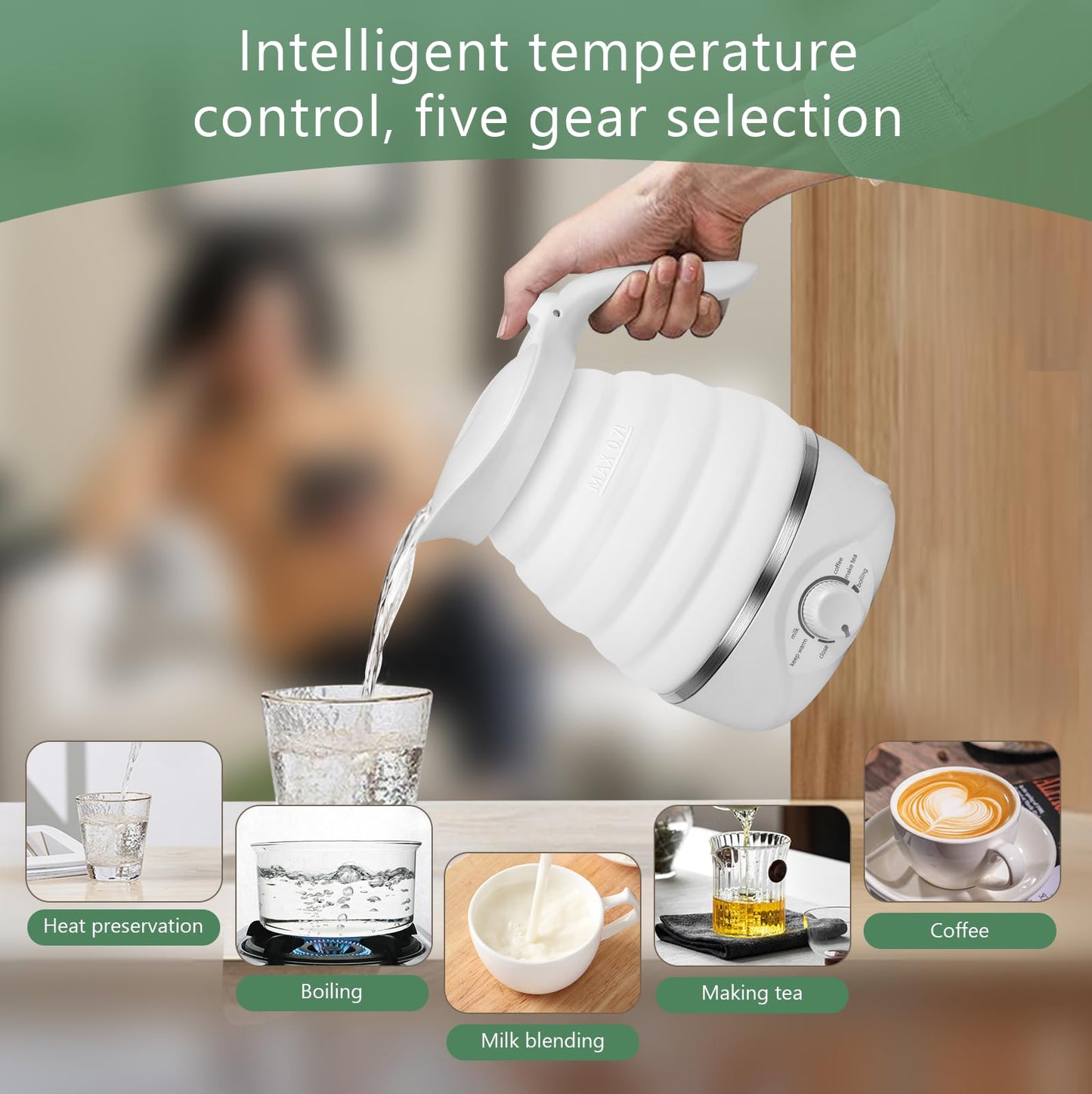 Xfbaozxy Travel Foldable Electric Kettle, Collapsible Kettle Travel Electric Collapsible Electric Tea Kettle Food Grade Silicone 850W Fast Boiling Water, 110V 700ml (White)