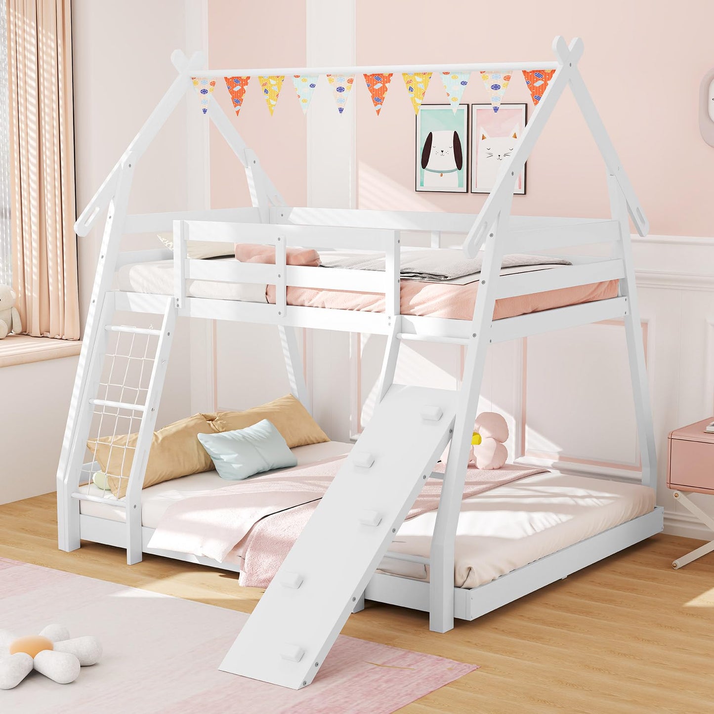 Giantex Twin Over Queen Bunk Bed, Wood House Bunk Bed for Kids with Climbing Nets and Ramp, Floor Queen Size Bunk Beds with Safety Guardrail, No Box Spring Needed, for Boys Girls Adults (White)