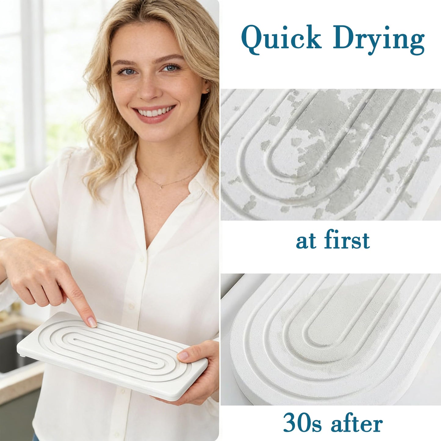 2 PCS Water Absorbing Stone Tray for Sink, Quick Drying Diatomite Bathroom Tray Countertop, Stone Drying Mat for Kitchen Counter Faucet, Soap Dish Dispenser Vanity Organizer, White-A-8.3" x 4"