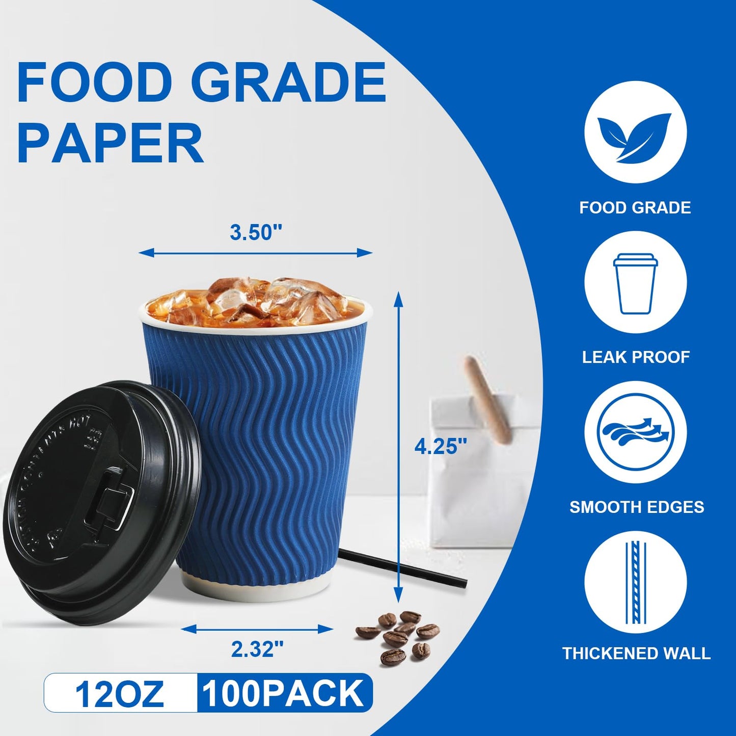 RAZCC Coffee Cups, 100 Pack 12 oz Disposable Blue Insulated Paper Cups, Corrugated Kraft Ripple Wall Cup, Comes With Lids and Straws, Suitable for Hot and Cold Drinks