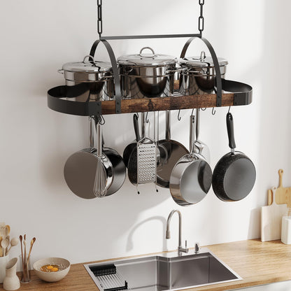 Chloraeon Hanging Pot Rack,32-Inch Ceiling Pot Rack for Kitchen,Space-Saving Pot Hanger with 16 Detachable S Hooks,Sturdy Metal Frame,Industrial Style,for Pot, Pan Storage,Space-Saving