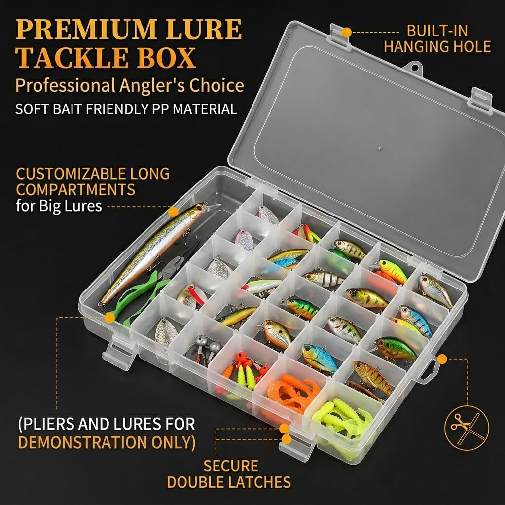 MERATIA 3 Pcs 36 Large Grids Clear Plastic Organizer Box with Adjustable Dividers,Multipurpose Fishing Tackle Box Craft Organizers Box for Bead,Jewelry,DIY Crafts,Art,Small Items Storage 3pack