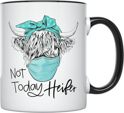 YouNique Not Today Heifer Mug - 11 Ounces Cow Coffee Mug - Social Distancing Cow Cup (Black Handle)