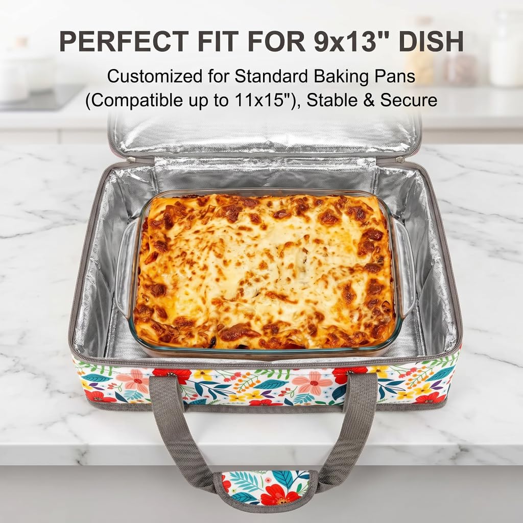 Insulated Casserole Carrier Fits Pioneer Woman Kitchen Stuff & 9x13 Baking Dish, Large Lasagna Lugger Tote, Leakproof Thermal Food Warmer Bag for Potluck, Picnic, Travel, Hot/Cold Food & Mom Gifts