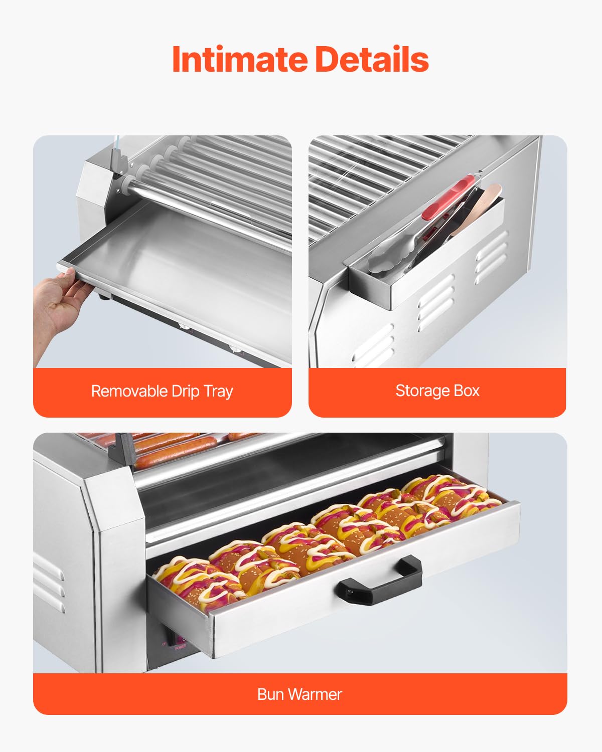 VEVOR Hot Dog Roller, 30 Hot Dog 11 Rollers, Stainless Steel Sausage Grill Cooker, 1950W Hot Dog Machine with Bun Warmer, Cover, 3 Temp Control, Side Storage Box, Oil Drip Tray, for Home & Commercial