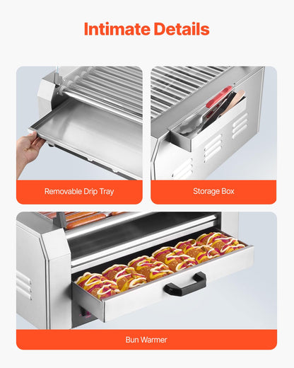 VEVOR Hot Dog Roller, 30 Hot Dog 11 Rollers, Stainless Steel Sausage Grill Cooker, 1950W Hot Dog Machine with Bun Warmer, Cover, 3 Temp Control, Side Storage Box, Oil Drip Tray, for Home & Commercial