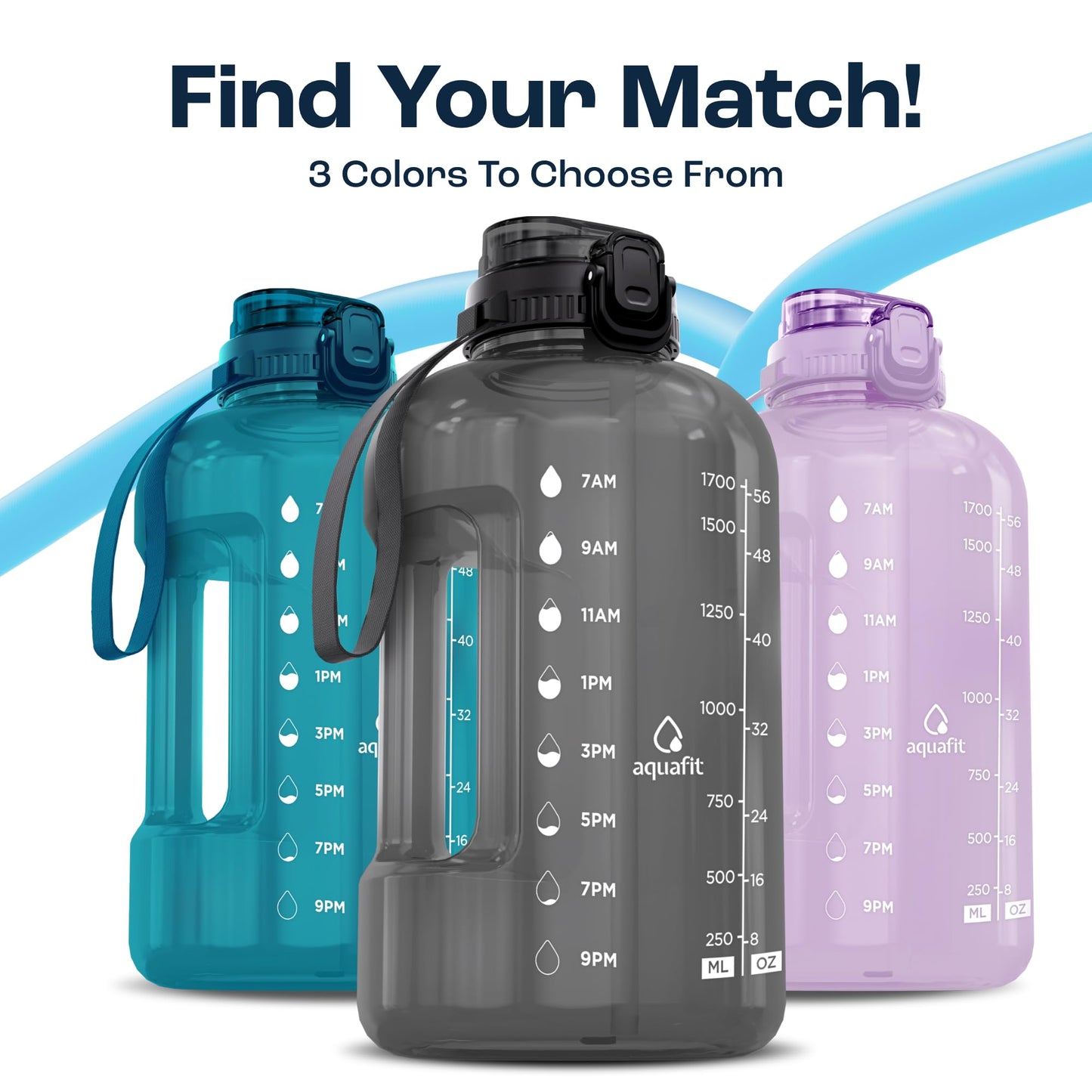 AQUAFIT Half Gallon Water Bottle with Time Marker - Straw & Chug Lid - BPA Free Gym Water Bottle with Straw - Big Gallon Jug (Gray, 64 oz - 2in1 Lid)