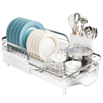 SNTD Dish Drying Rack, Expandable Dish Rack for Kitchen Counter, Stainless Steel Dish Drainer with Drainboard Set and Utensil Holder (White)