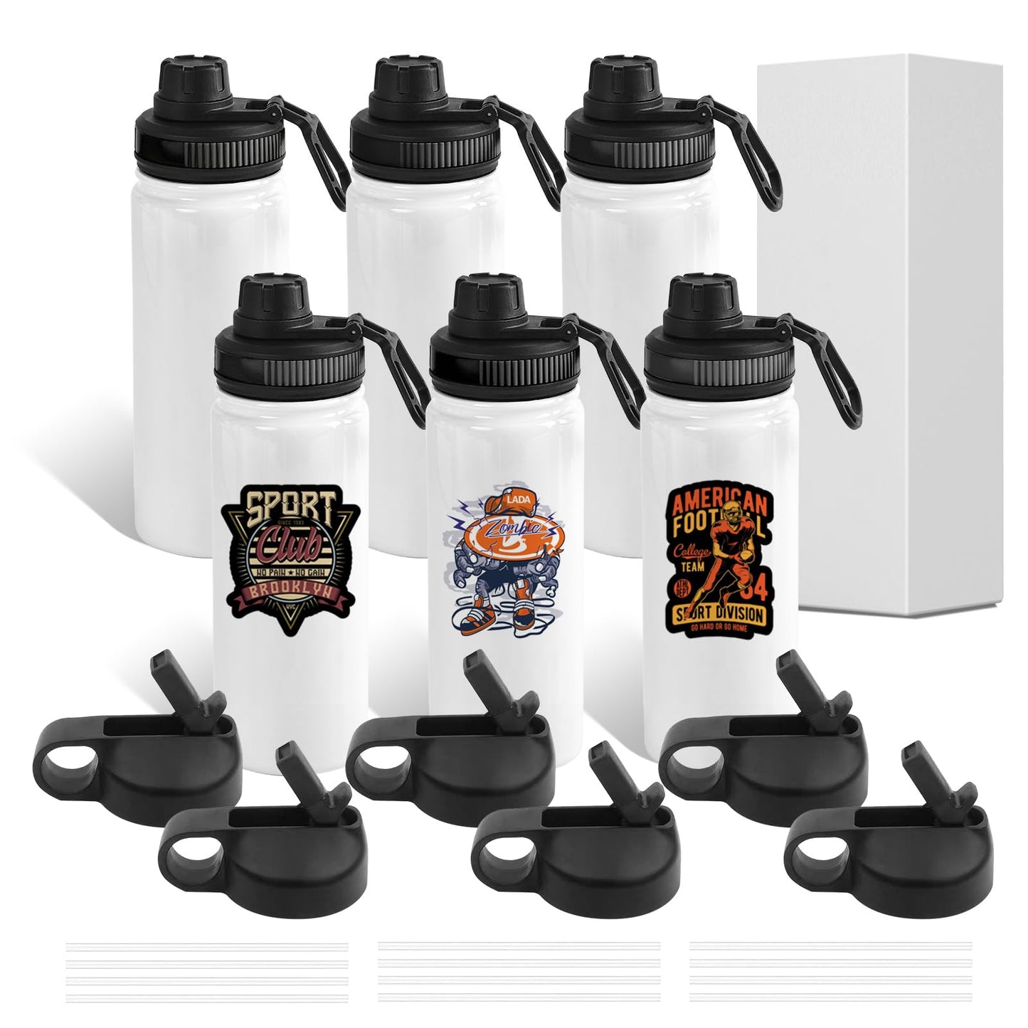 BetterSub Sublimation Sports Water Bottle Stainless Steel Insulated White Tumbler with Wide Mouth Lid and Straw 6 Packs (6packs 20oz)