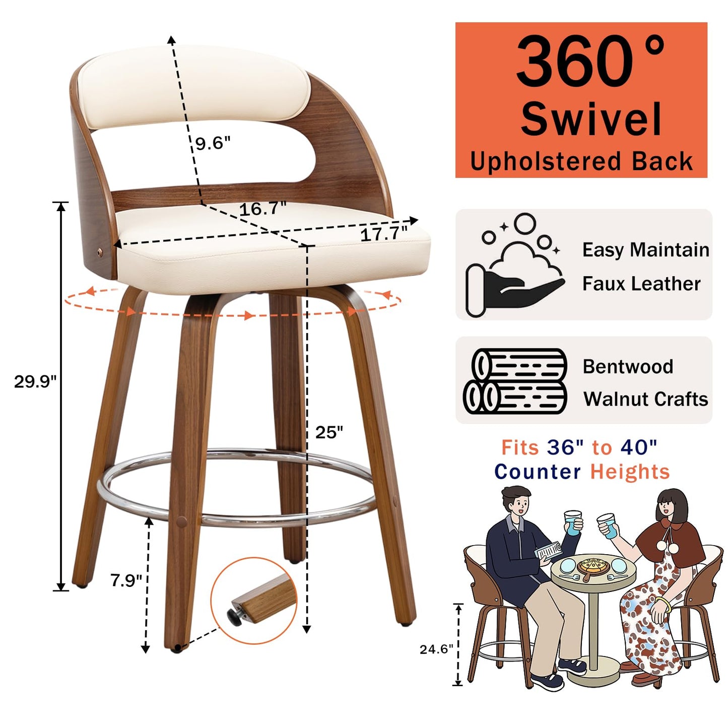 Mid Century Modern Counter Height Bar Stools Set of 2, 360° Swivel Counter Stools with Bentwood Walnut Frame, Upholstered Faux Leather Seat, Curved Back Kitchen Island Chairs, 25" Seat Height, Beige