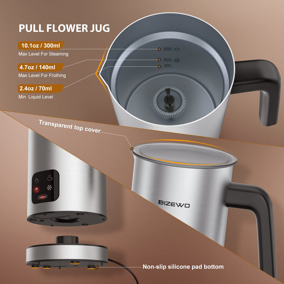 BIZEWO Milk Frother Electric, Warm and Cold Milk Steamer, 4 IN 1 Automatic Milk Warmer Stainless Steel with Touch Screen for Coffee, Latte, Macchiato, Cappuccino, Hot Chocolate