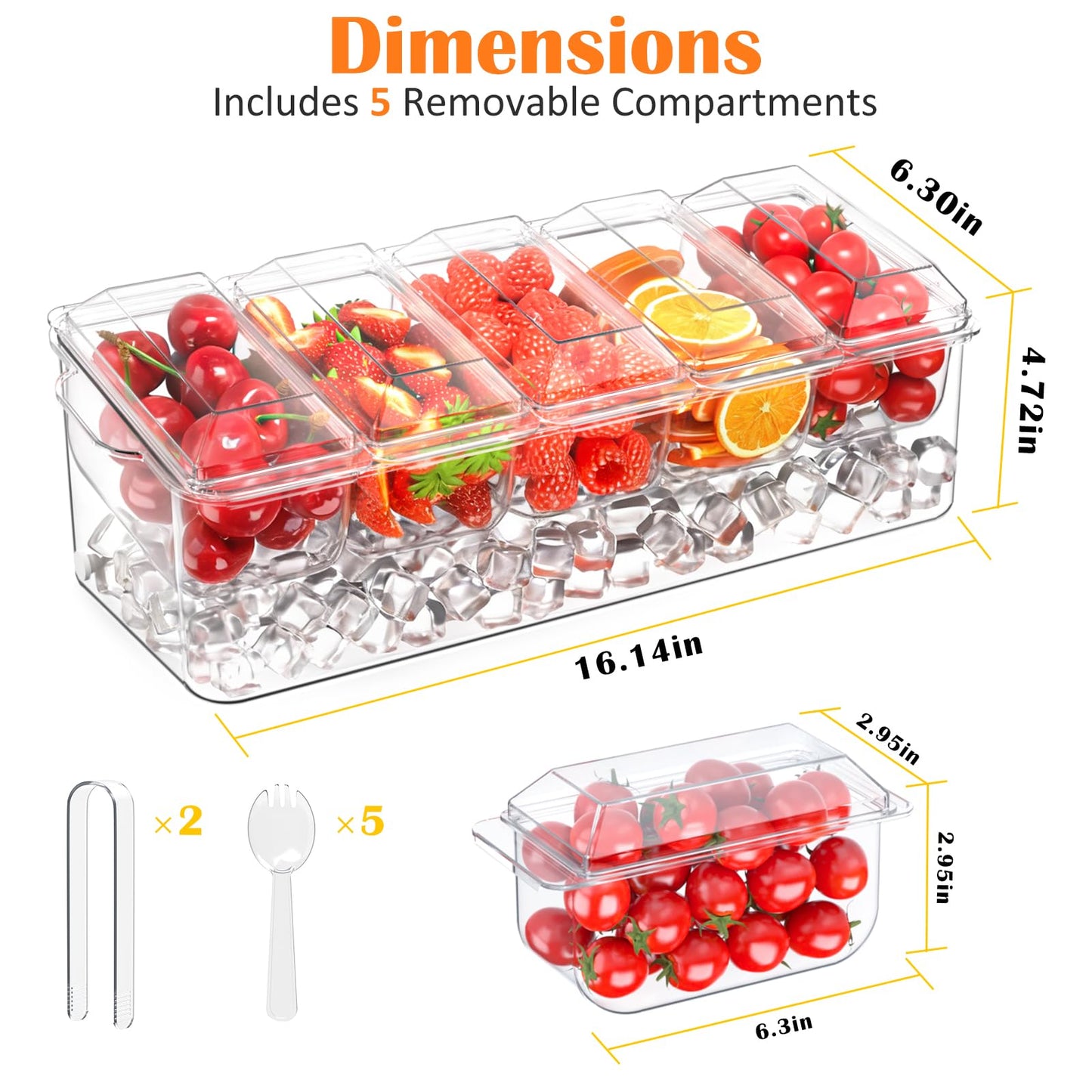 ARSTPEOE Condiment Tray, Chilled Condiment Server for Home, Party, Celebration, Bar Garnish Holder on Ice, Bar Accessories Fruit and Salad with Removable Trays and Lids (5 Spoons & 2 Tongs)