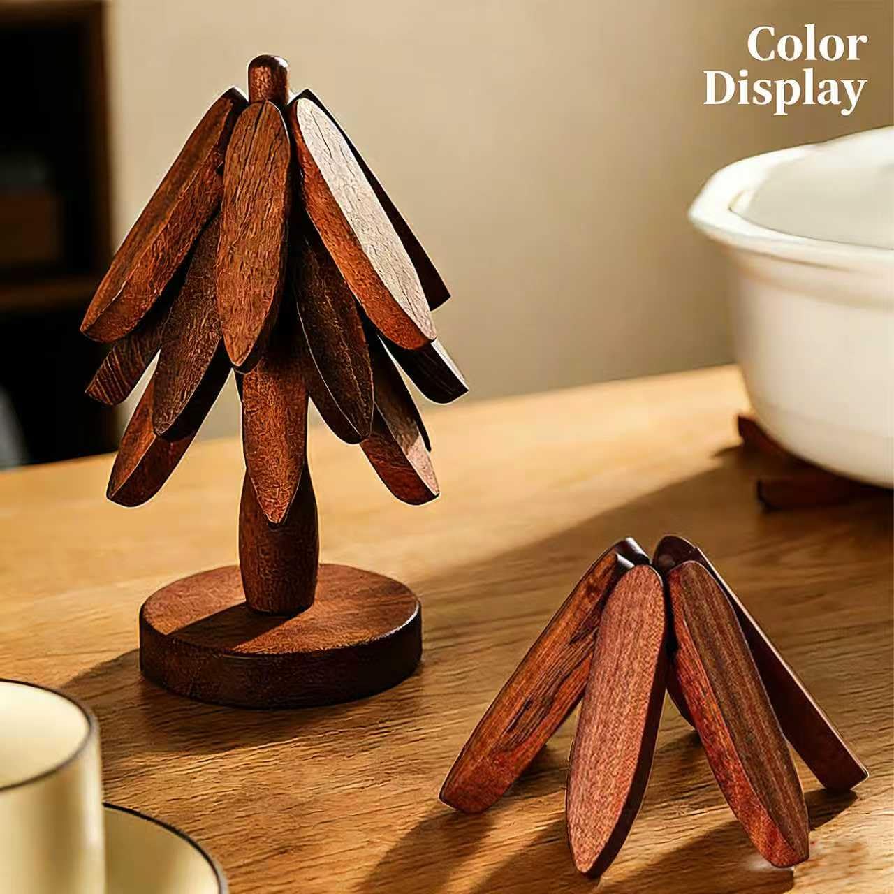 Natural Foldable Black Walnut Wood Insulation Pad Set — 4 Multifunctional Insulation Racks + 1 Hot Dish Rack, for Pots, Bowls, Teapots and Hot Pans