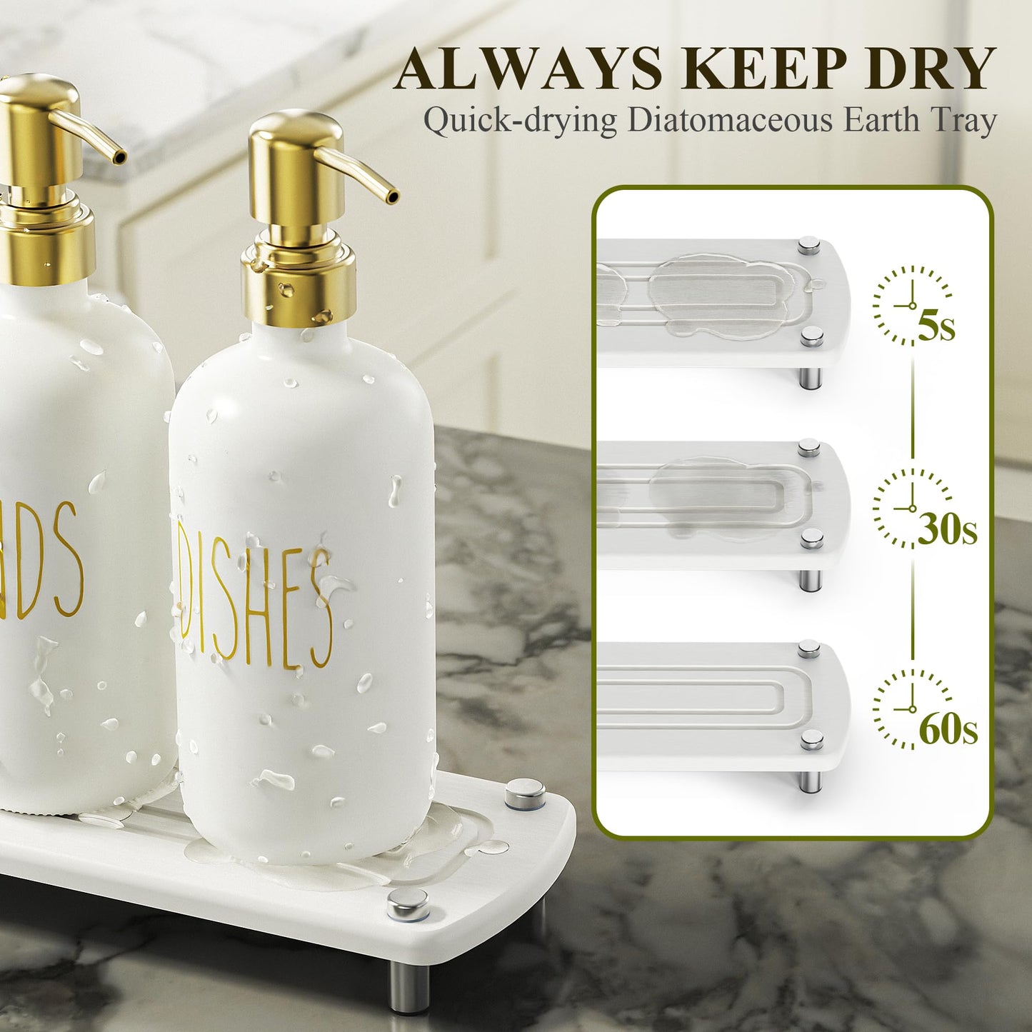 Cisily Kitchen Soap Dispenser Set Comes with Ceramics Sponge Holder, Gold Pumps, and Instant Dry Tray, Hand and Dish Soap Dispenser Set (4, Gold + White + Sponge Holder)