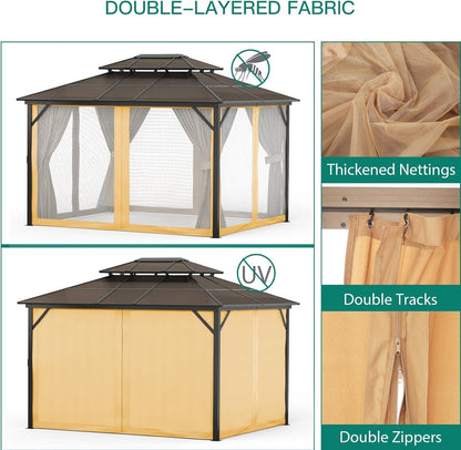 10' x 13' Hardtop Gazebo, Outdoor Aluminum Gazebo with Double Polycarbonate Roof, Permanent Patio Pavilion with Mosquito Netting and Privacy Curtains for Backyard, Garden, Lawn, Khaki