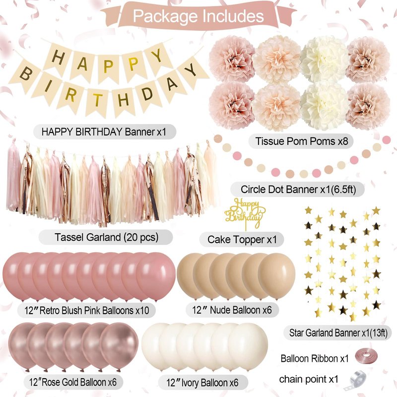 Iysoll Blush Beige Birthday Party Decorations Boho Happy Birthday Decorations Banner Retro Pink Nude Ivory Balloon Paper Pom Poms Tassel Garland Décor Supplies for Girls Women