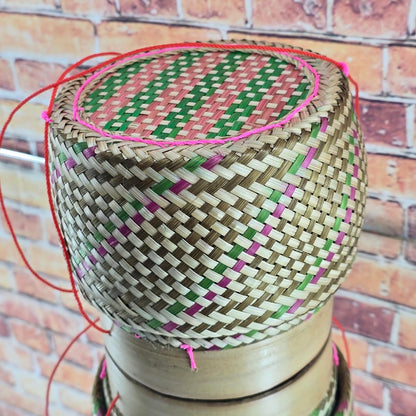Heavens Tvcz Colorful Bamboo Sticky Rice Basket with Lid & String | 5” Handwoven Thai Lao Rice Container |