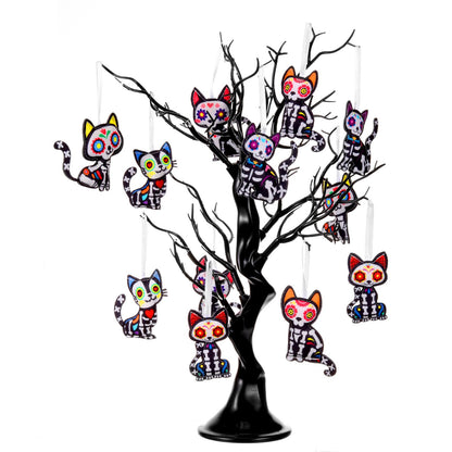Remagr 12 Pcs Dia De Los Muertos Cat Felt Ornaments, Day of The Dead Cat Skeleton Hanging Halloween Ornaments for Mexcian Themed Party School Bags Indoor Outdoor Tree Hanging Decorations