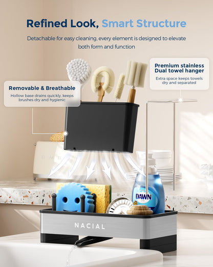 Nacial Kitchen Sink Caddy Organzier with High Brush Holder, Sponge Holder for Kitchen Sink with Two Towel Racks - Rustproof 304 Stainless Steel Kitchen Countertop Storage Essentials