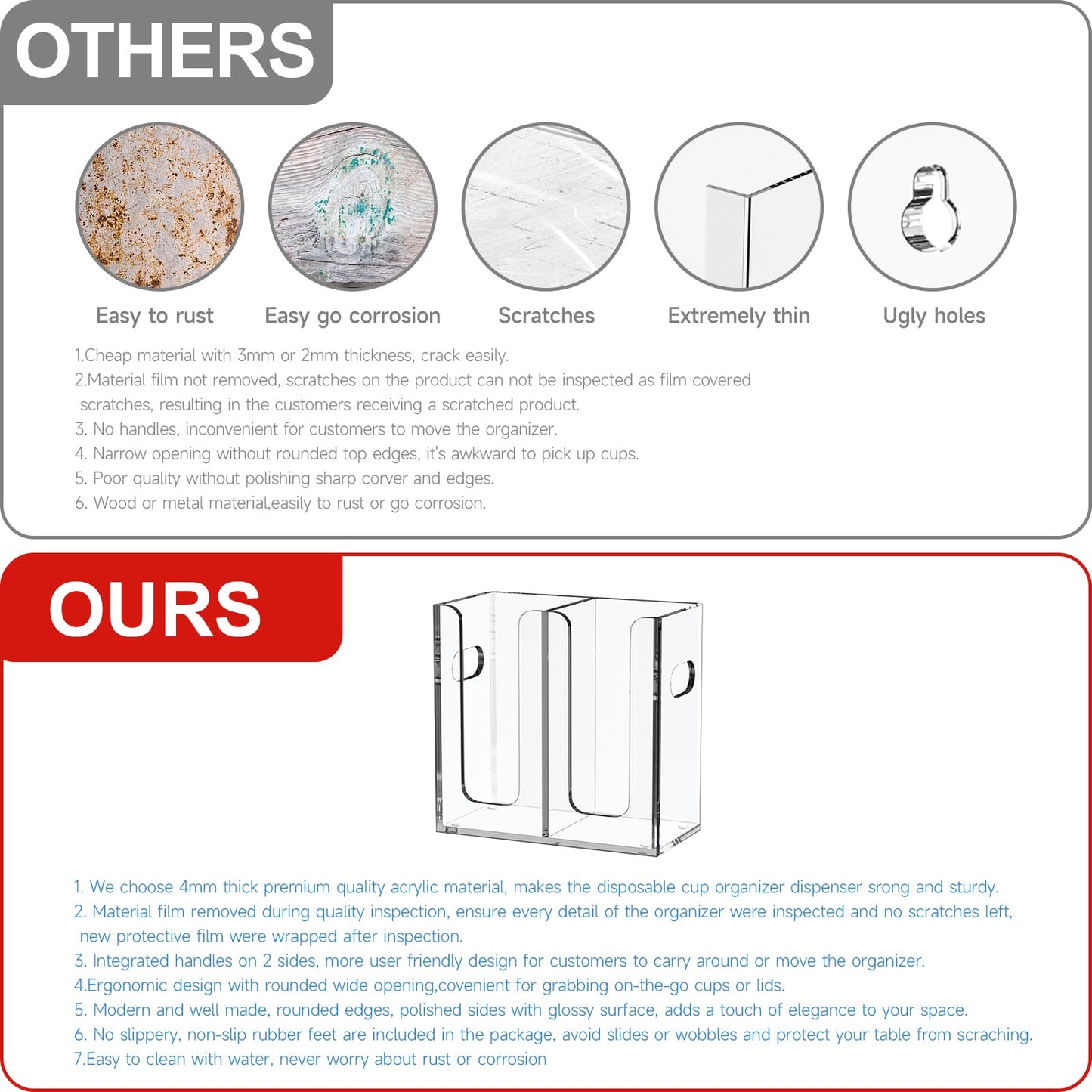 WINFFOR Disposable Cup Organizer Dispenser - 2 Compartments Clear Acrylic Cup and Lid Holder with Handles Plastic Cup Dispenser Countertop Paper Cup Holder for Coffee Bar House Party Essentials